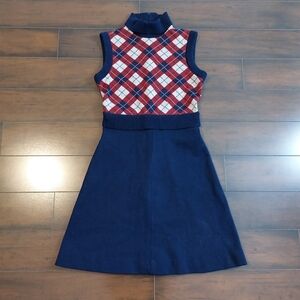 Vintage 1960s Argyle Mod Navy X Wine Red Turtleneck Sweater Mini Dress Size S